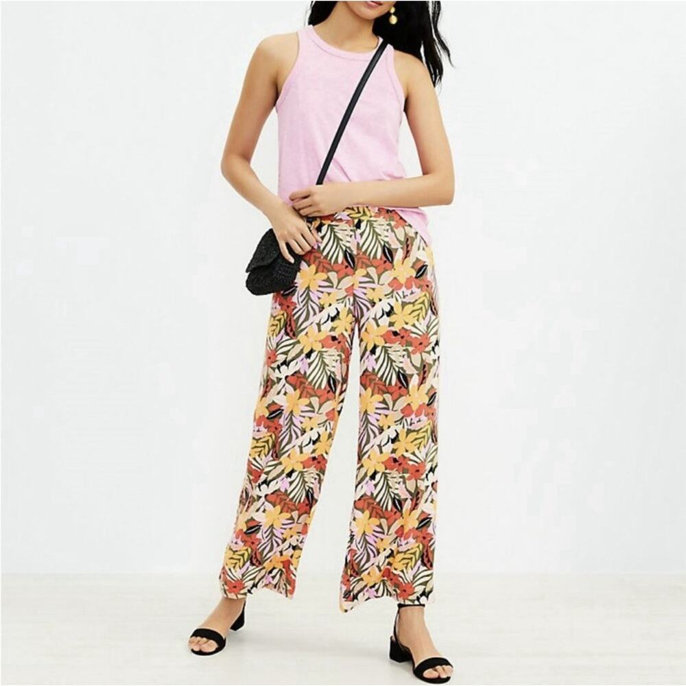 Loft Multicolor Floral Tropical Wide Leg Pull On Pants Casual Women’s Size Small